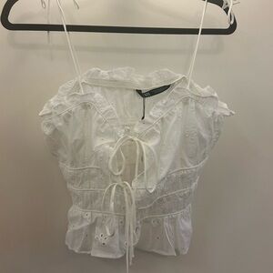 Zara White Eyelet Embroidered Bow Top